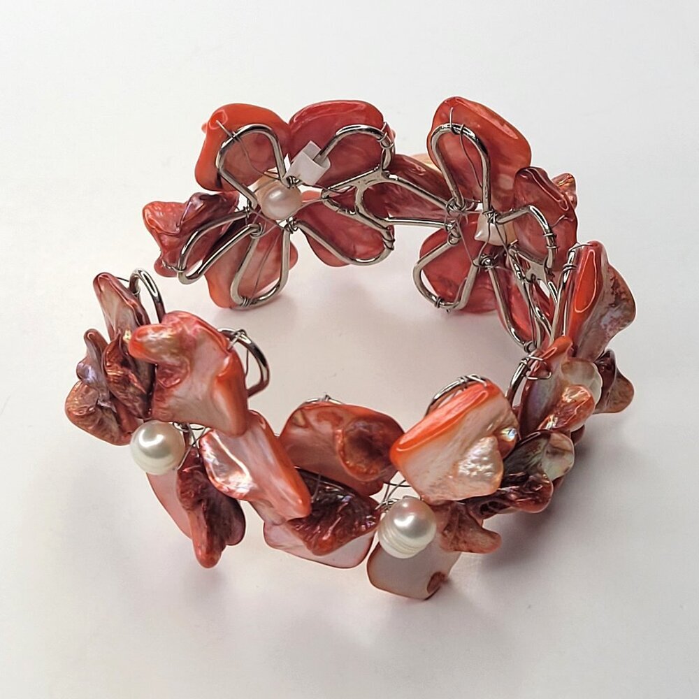 Coral Cuff Bracelet Freshwater Pearl and Mother Of Pearl Bangle NEW